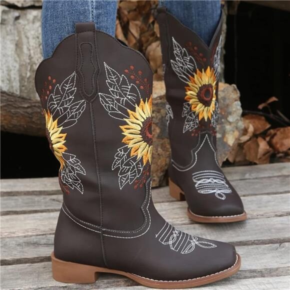 NEW Women's Sunflower Cowgirl Boots, Square Toe Western Embroidery Mid Calf - Picture 5 of 7